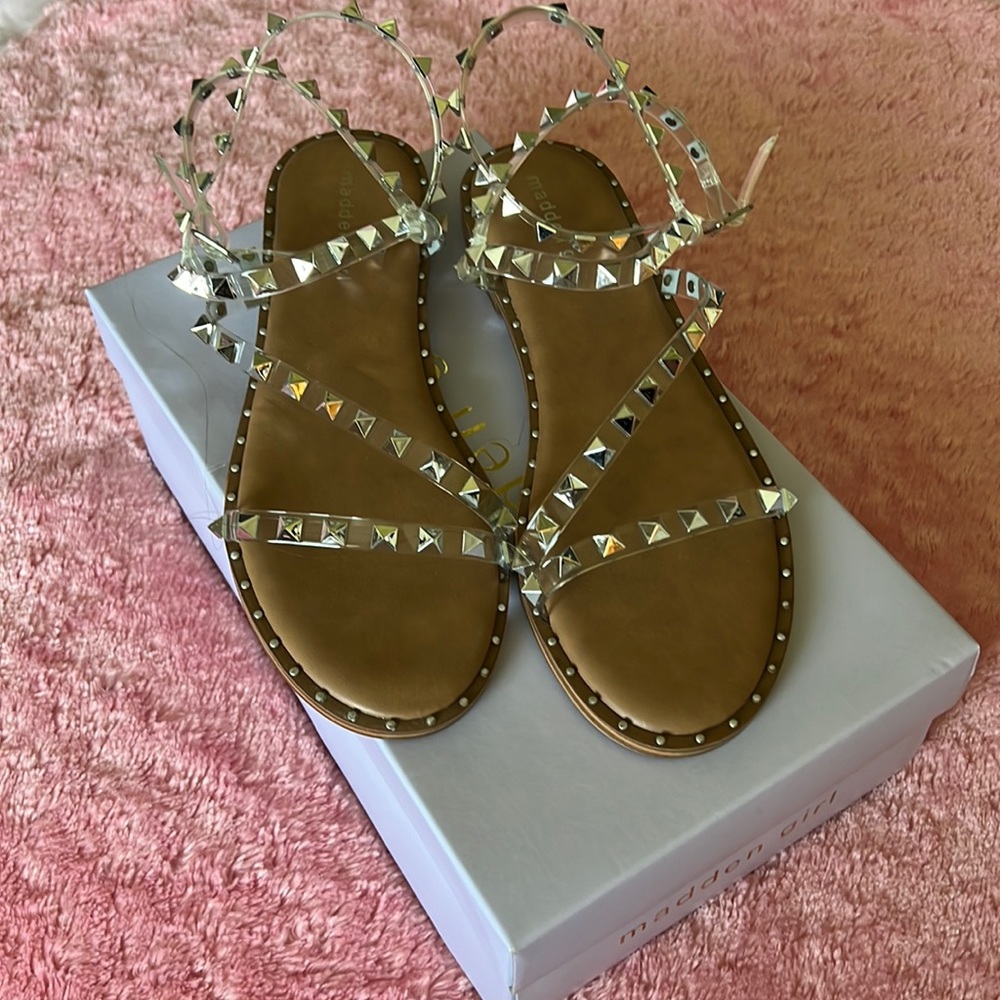 NEW MADDEN GIRL FLIGHT STUDDED SANDALS SIZE8.5 CLEAR